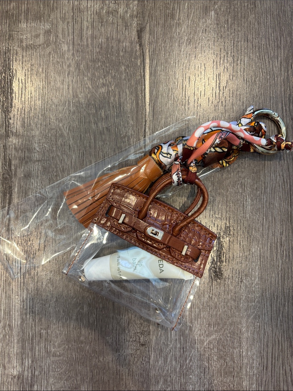 Handmade Mini Purse Charm | Brown Faux Leather | Twilly Scarf Keychain